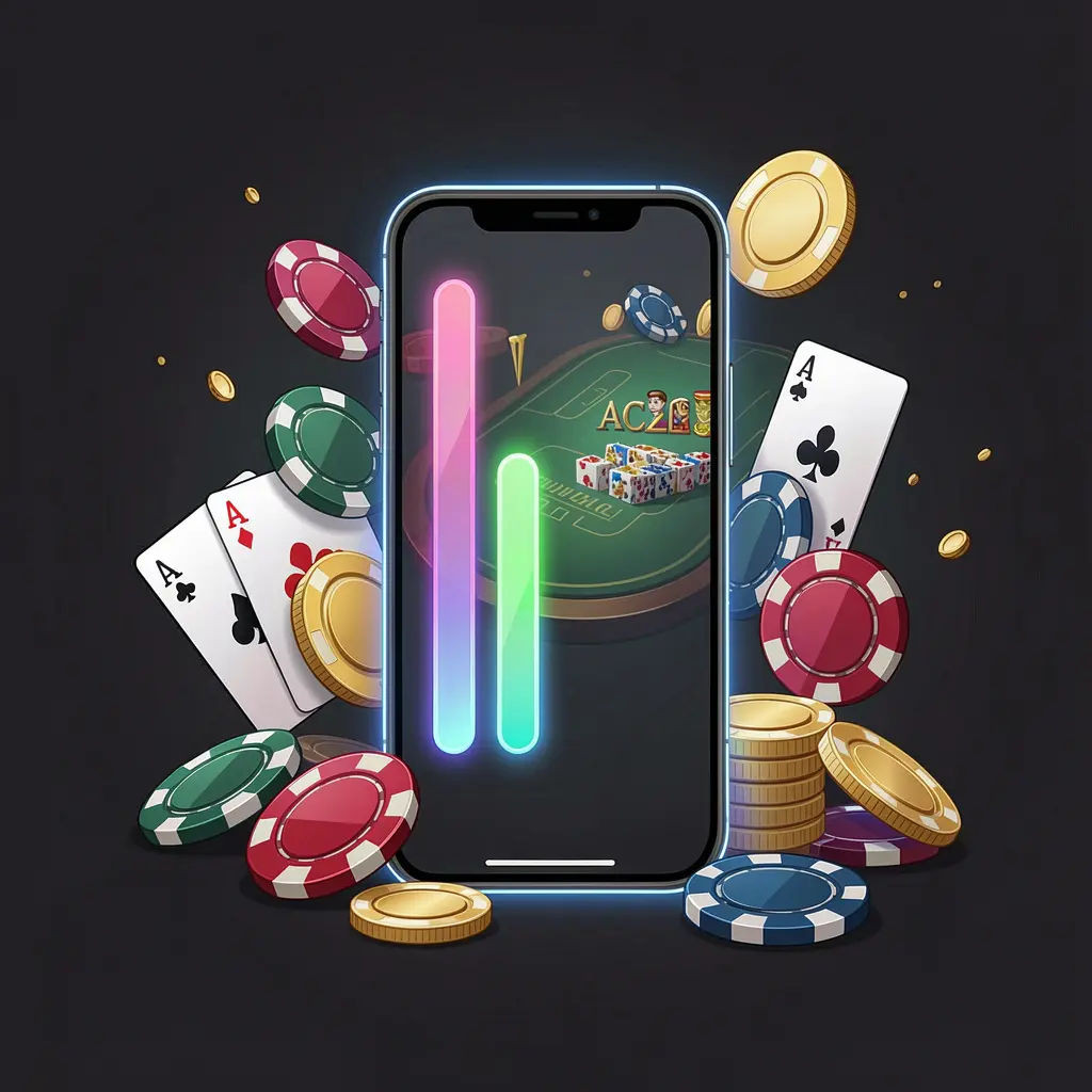 SM9999 casino app installation visual featuring a smartphone with a glowing progress bar surrounded by coins, chips, and cards on a dark background
