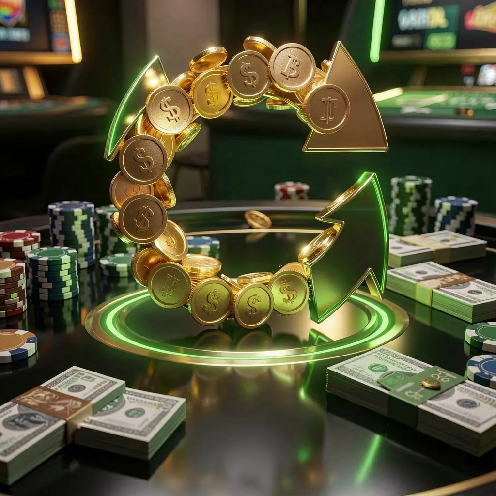 SM9999 casino cashback bonus visual featuring golden coins returning in a circular arrow motion, poker chips and cash bundles on a glossy dark table with glowing green and gold accents in a premium online casino style