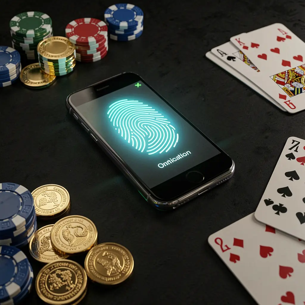 SM9999 online casino authentication concept showing a phone with glowing fingerprint scan on a premium black table surrounded by poker chips, golden coins, and playing cards in a cinematic 3D render