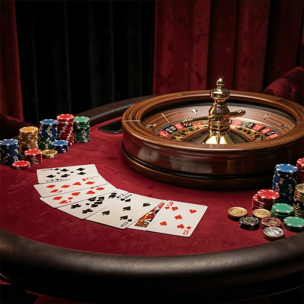 Elegant gaming table with roulette, blackjack cards, poker chips, and coins under luxury cinematic lighting on a black and red background, showcasing SM9999 online casino platform's responsible gaming environment